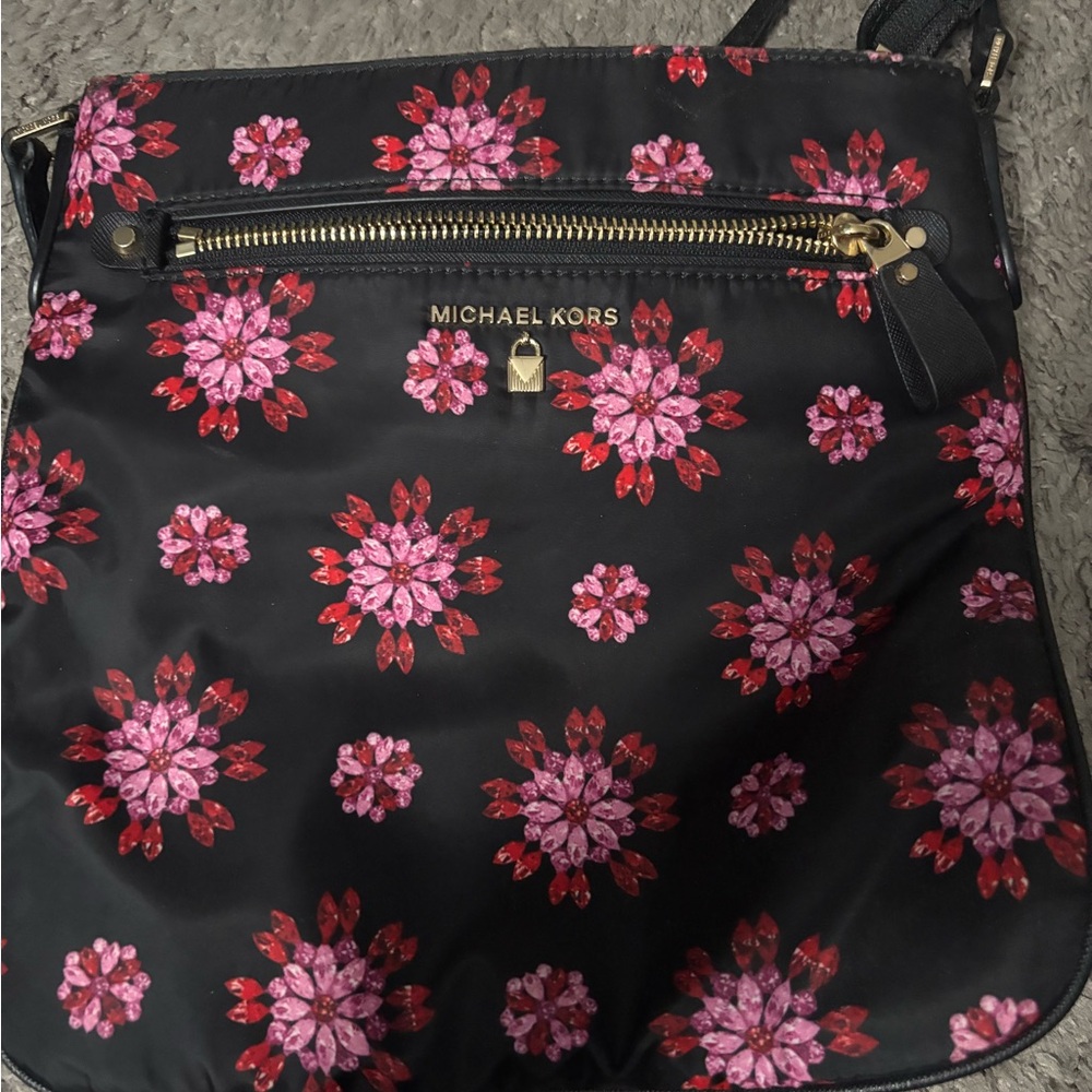 Michael Kors Black and Pink Floral Crossbody Bag